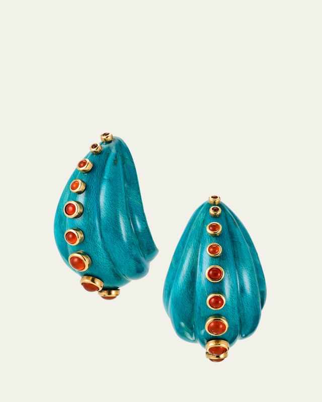 18K Yellow Gold Blue Turquoise Marquetry Half Hoop Earrings with Diamonds and Carnelian